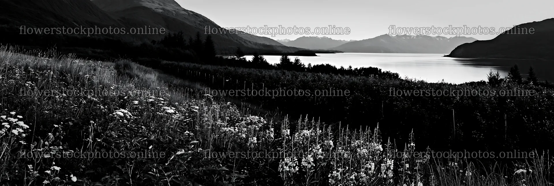 Fjord orchard meadow with flowers near water and mountains – flower stock photos 13690x4602