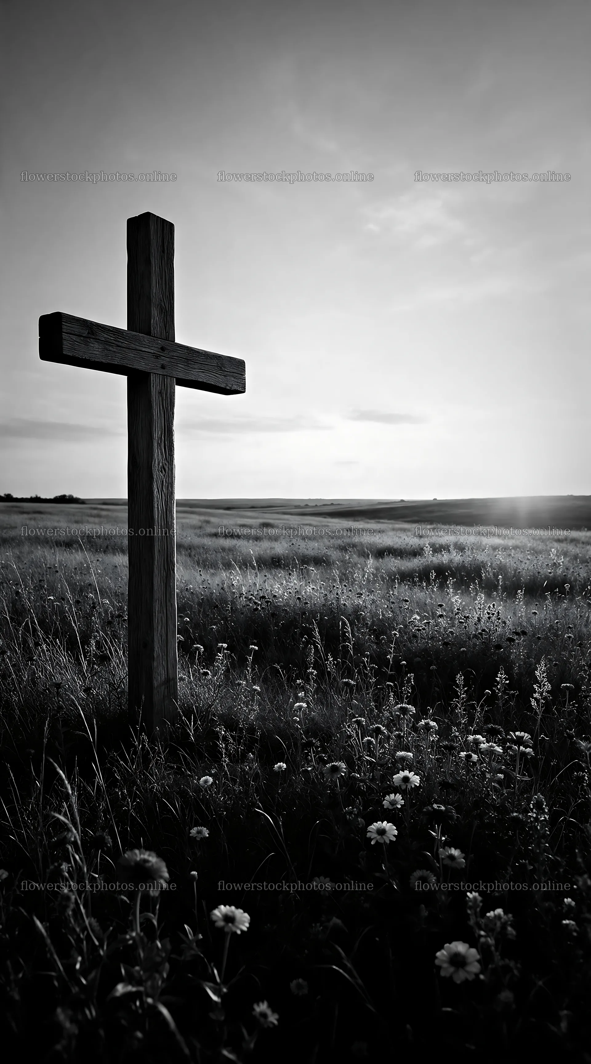 Christian cross in autumn meadow with light rays – flower stock photos 5916x10648