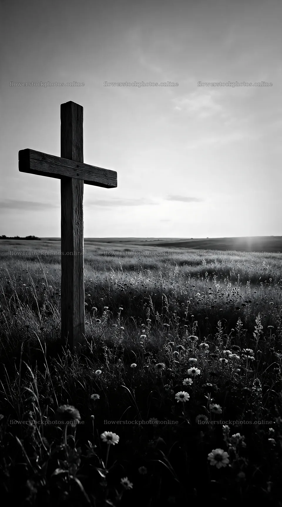 Christian cross in autumn meadow with light rays – flower stock photos 5916x10648