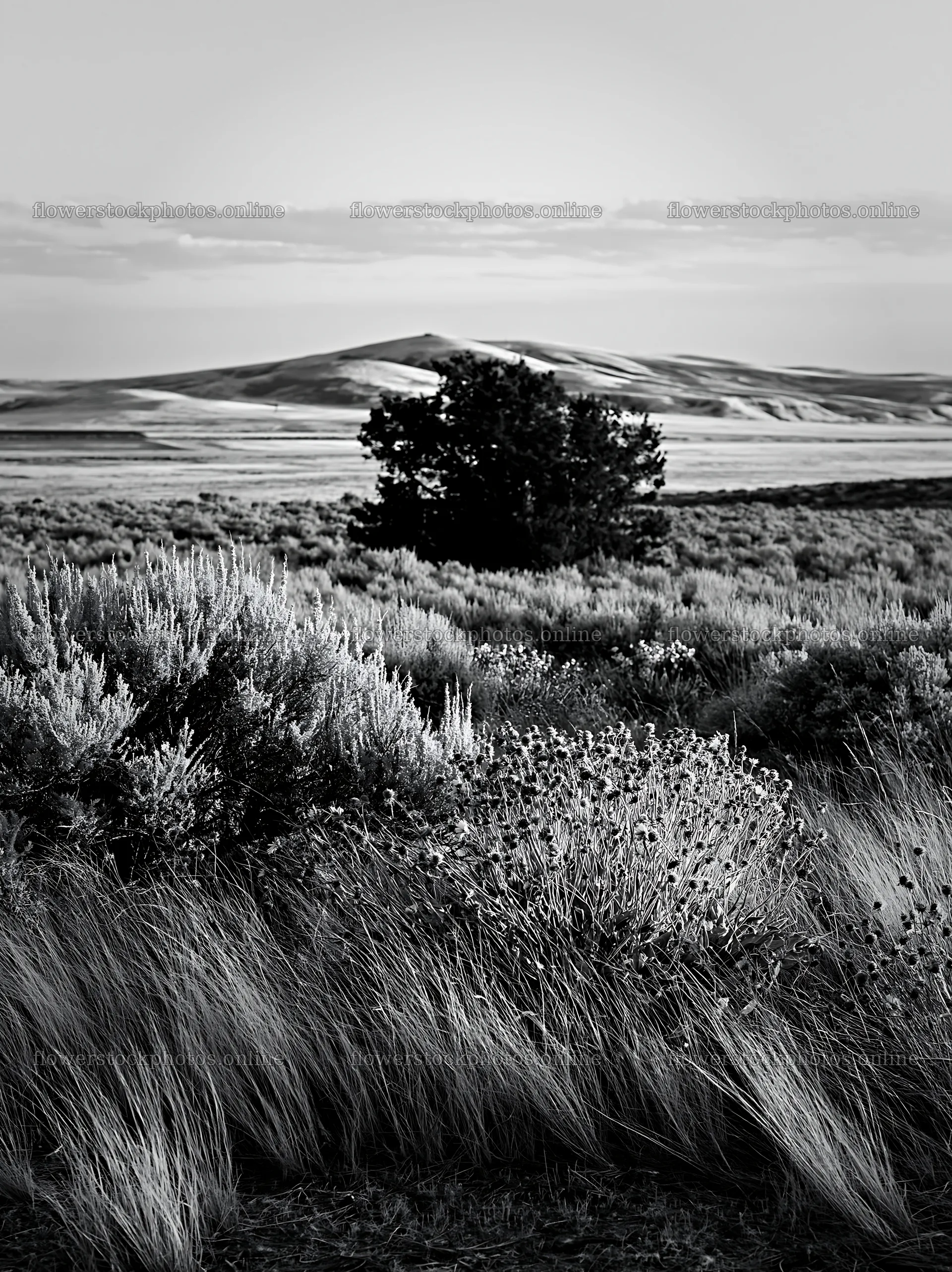 Sagebrush meadow light with tree and hills in quiet landscape – flower stock photos 6866x9174