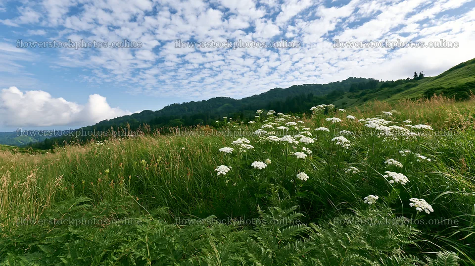 Fern frond in Tokushima mountain meadow with flowers and clouds – flower stock photos 10608x5938