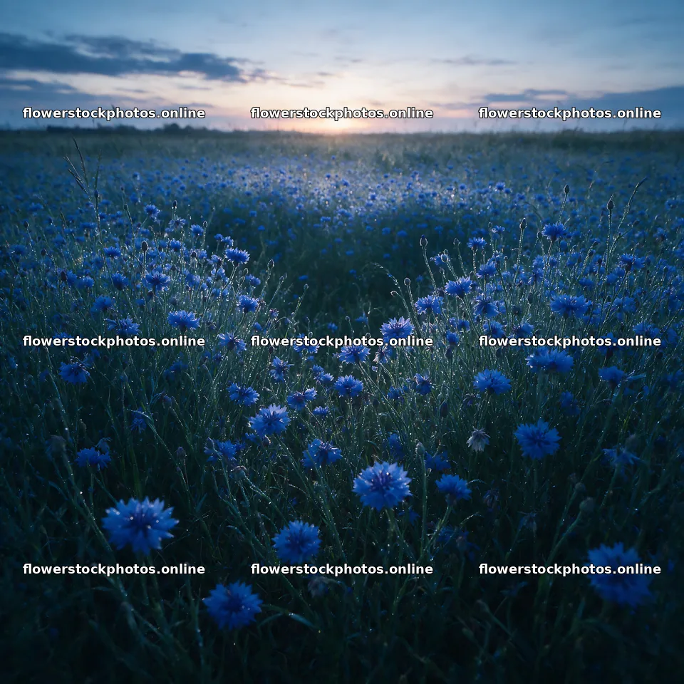 Dewy meadow with blue flowers under morning light – flower stock photos 7938x7938
