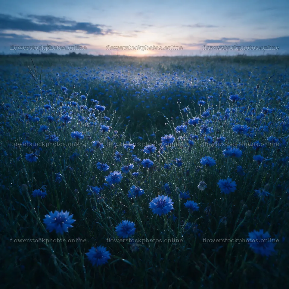 Dewy meadow with blue flowers under morning light – flower stock photos 7938x7938