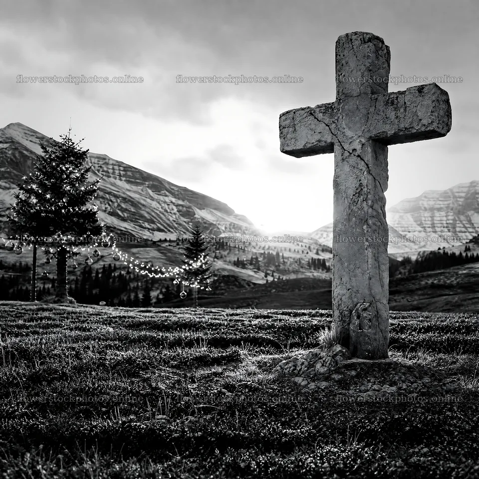 Christian cross in winter mountain meadow at dusk – flower stock photos 7938x7938