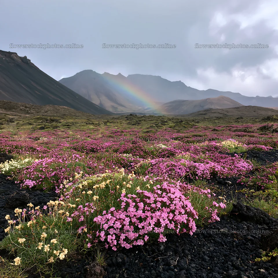 Mountain pass meadow with blooming flowers and rainbow – flower stock photos 7938x7938