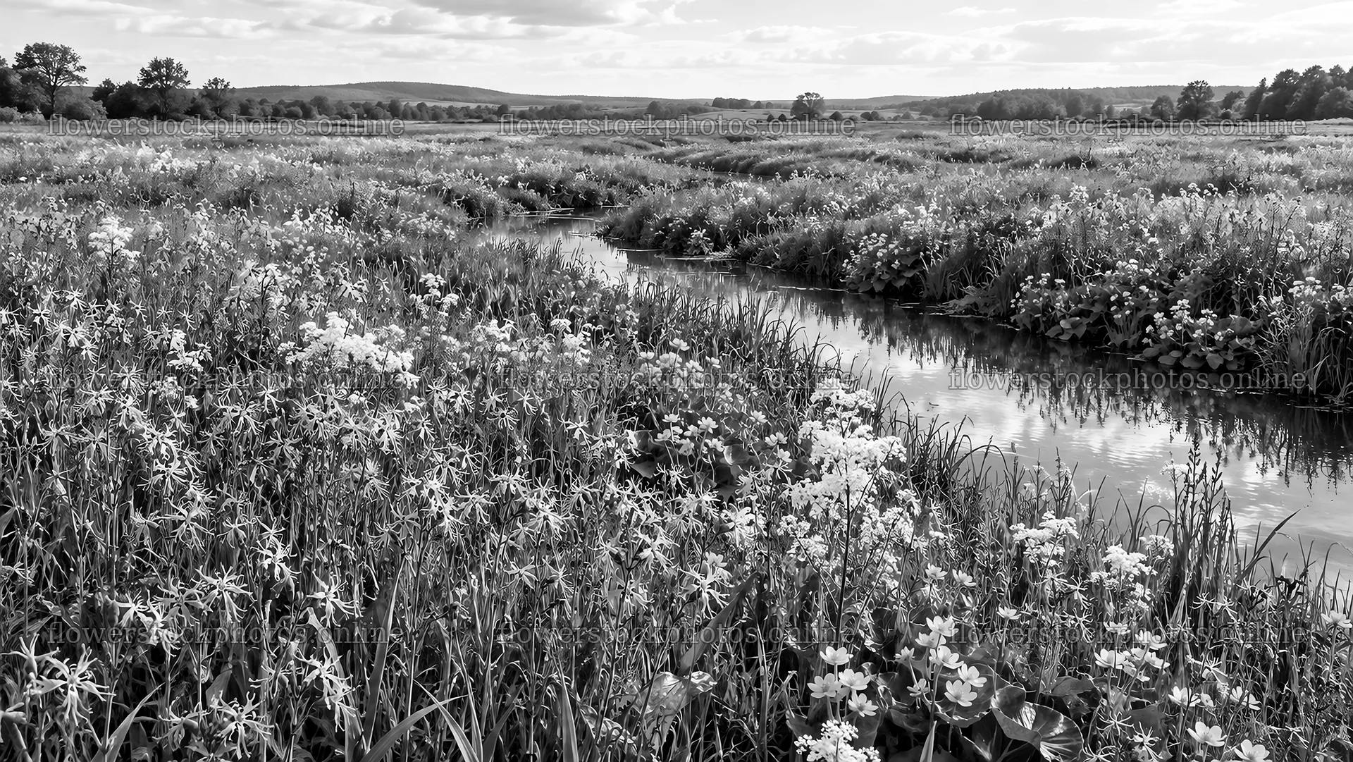 Black and White Flowering Wetland with Stream – flower stock photos 10324x5812