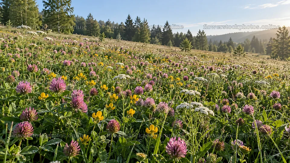 Wildflower Meadow in a Woodland Clearing – flower stock photos 10324x5812