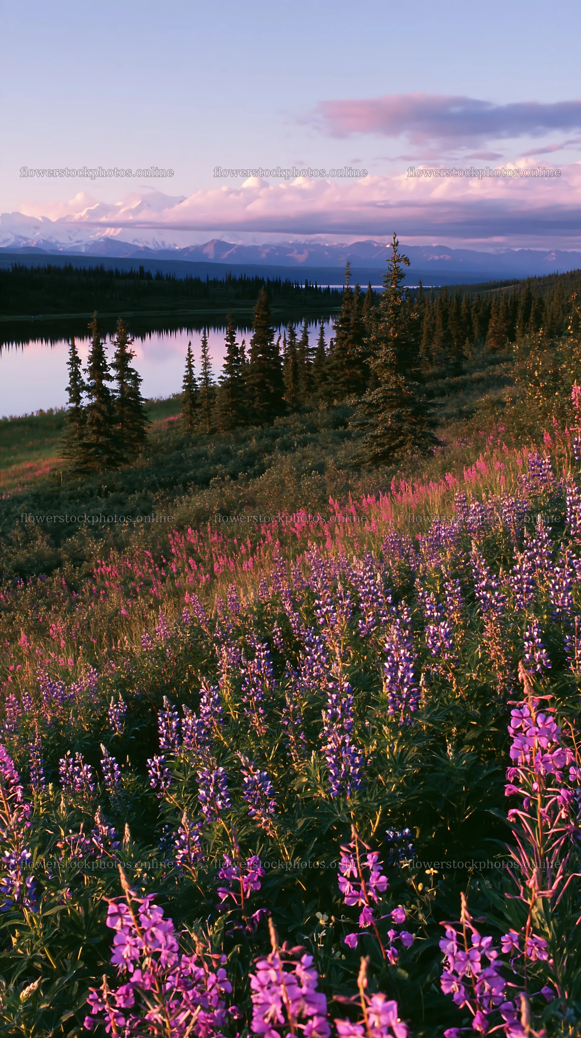 Fireweed lupine meadow at sunset near still water – flower stock photos 5938x10608