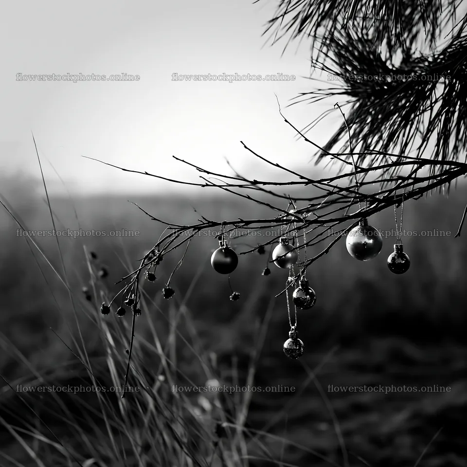Christmas baubles hanging from a tree branch in a meadow – flower stock photos 7938x7938