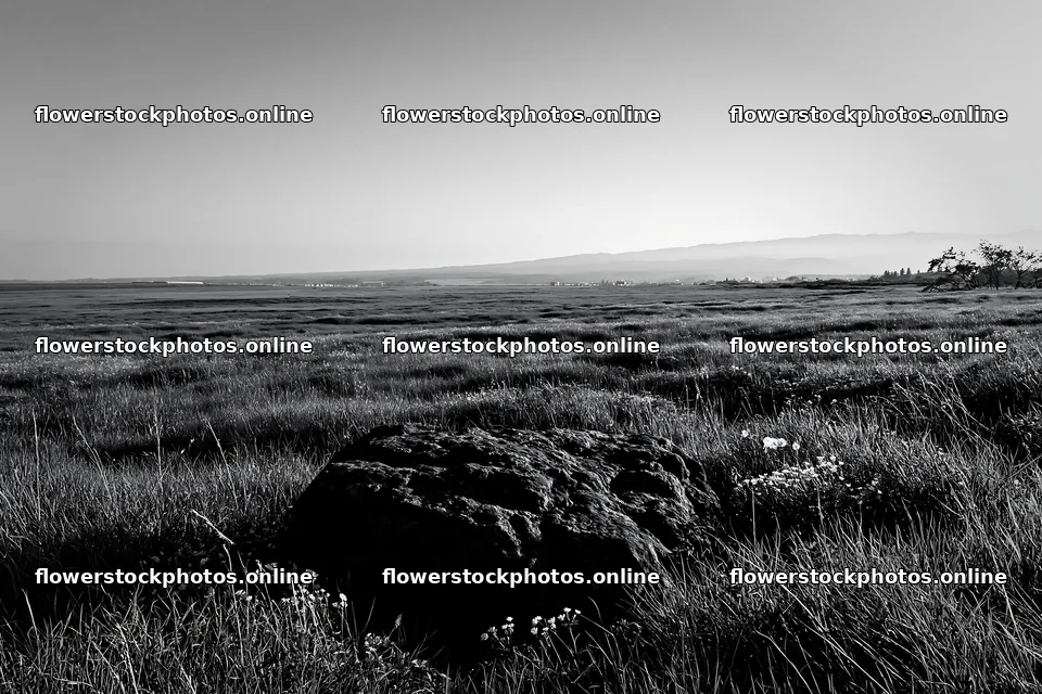 Aomori climate resilient meadow with boulder under clear sky – flower stock photos 9722x6480