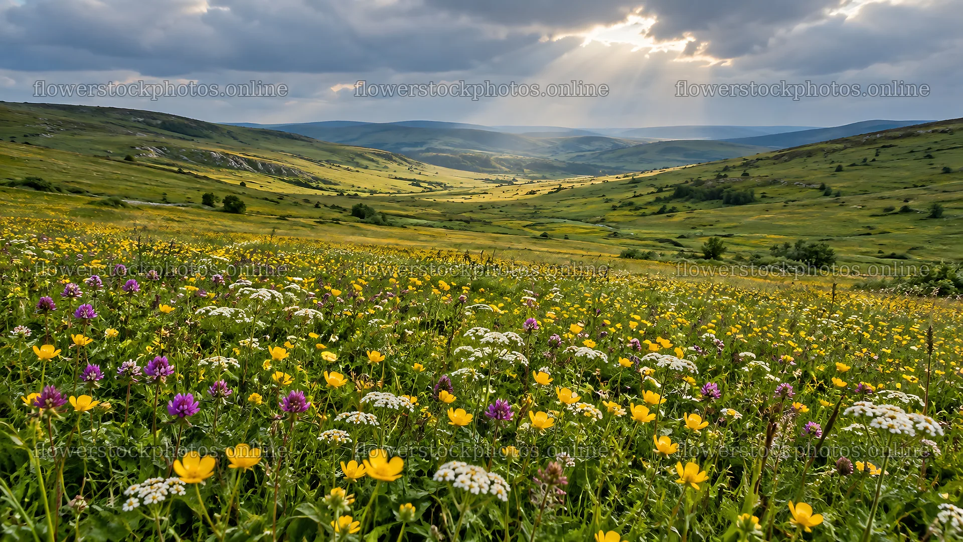 Wildflower meadow beneath sunbeams over a rolling valley – flower stock photos 10324x5812