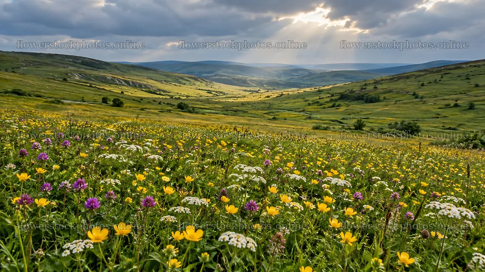 Wildflower meadow beneath sunbeams over a rolling valley – flower stock photos 10324x5812