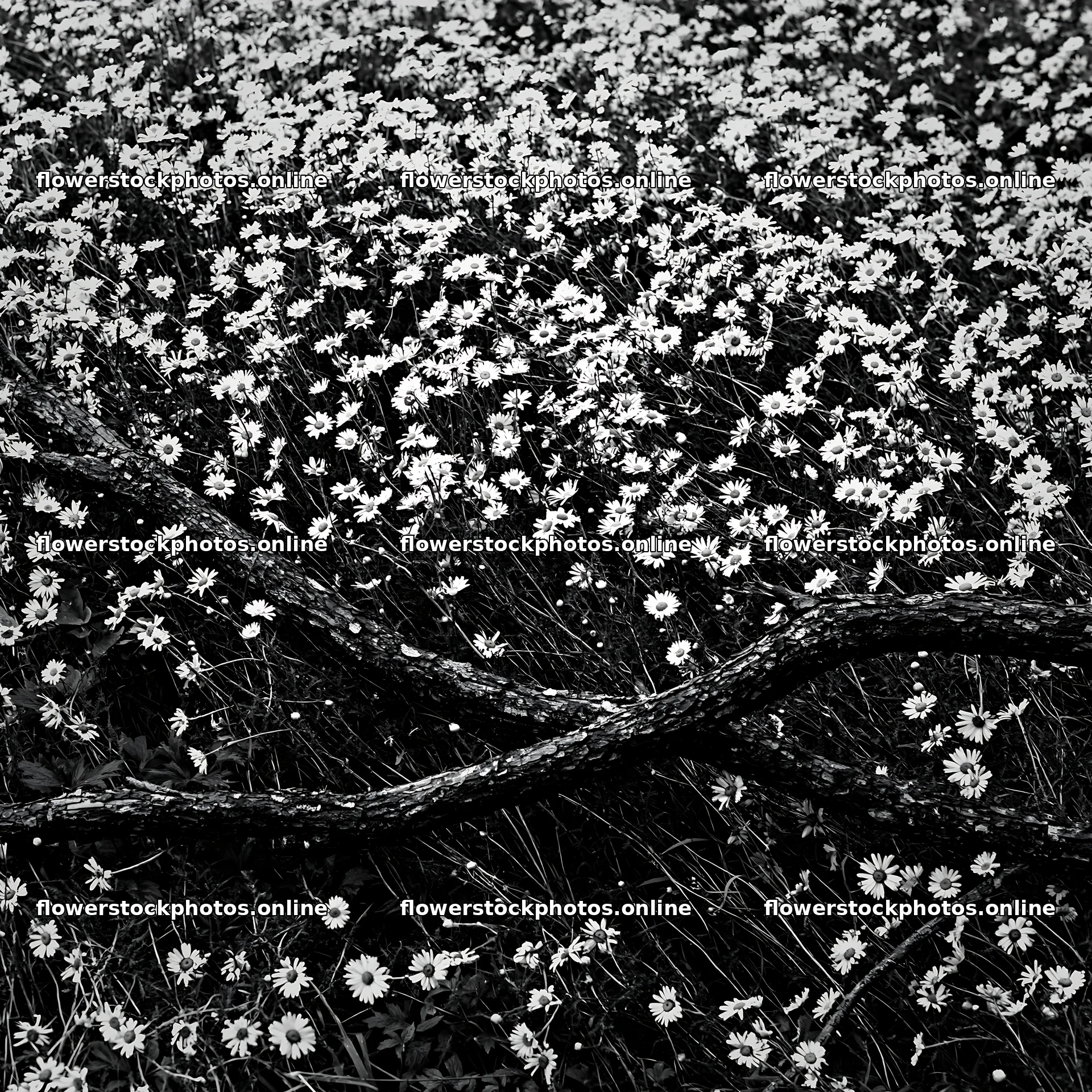 Yamagata rewilded meadow with fallen branch in the foreground – flower stock photos 7938x7938