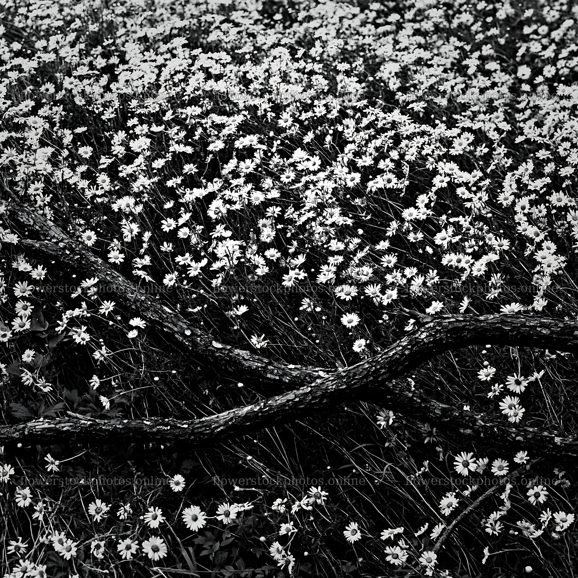 Yamagata rewilded meadow with fallen branch in the foreground – flower stock photos 7938x7938