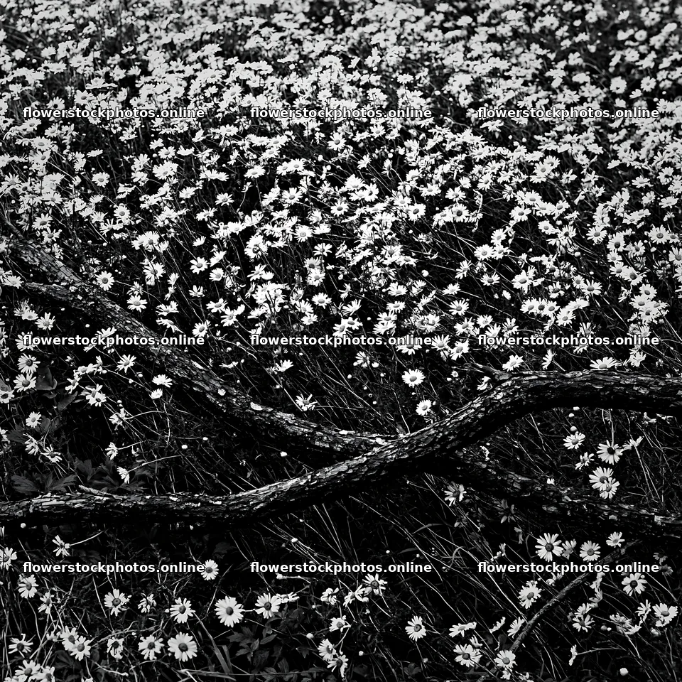 Yamagata rewilded meadow with fallen branch in the foreground – flower stock photos 7938x7938