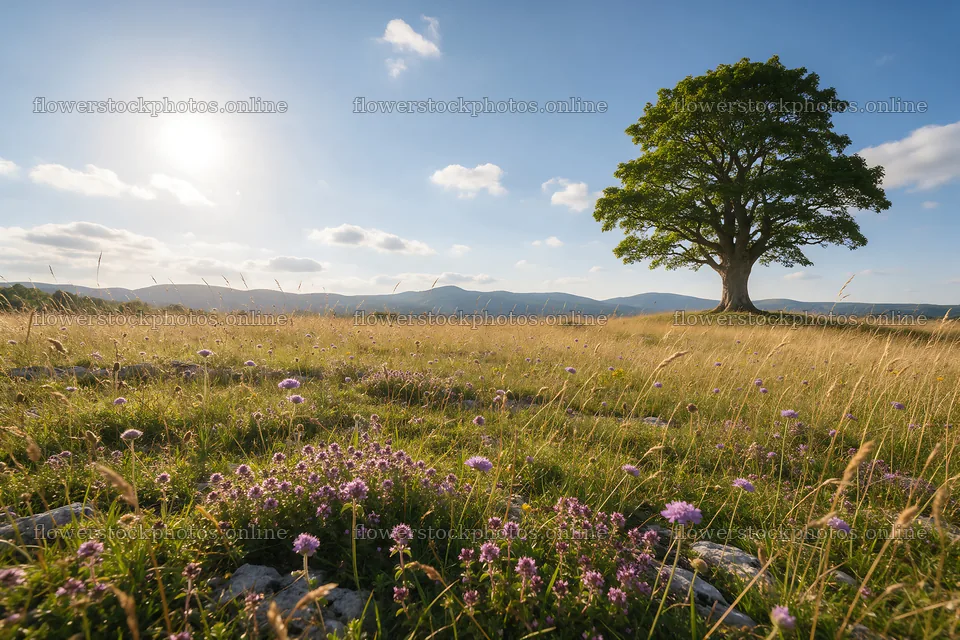 Sunny limestone meadow with mountains in the distance – flower stock photos 9722x6480