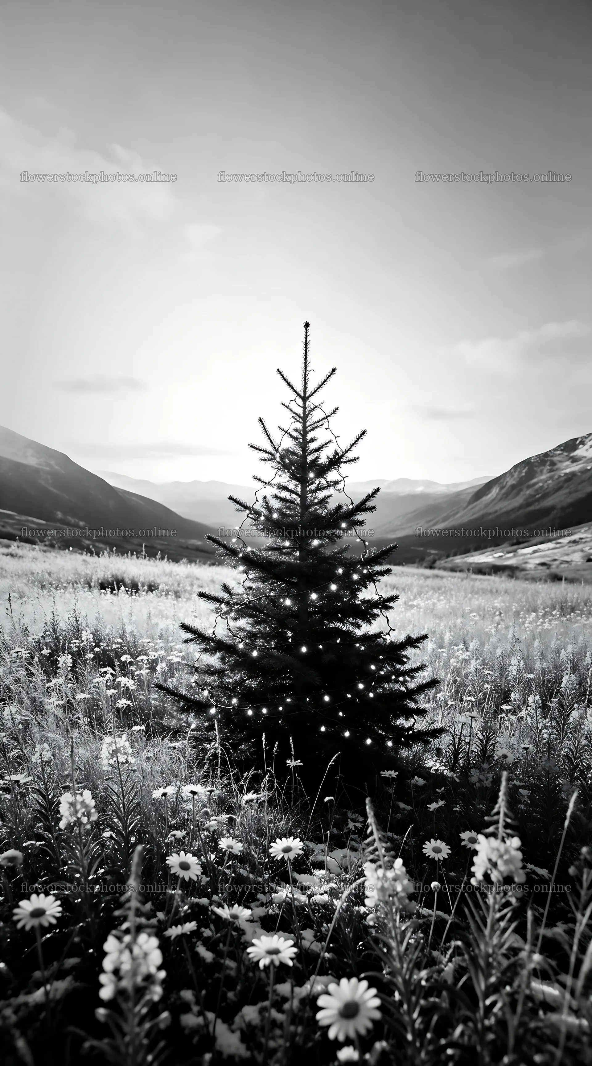 Christmas tree in a mountain valley meadow – flower stock photos 5916x10648