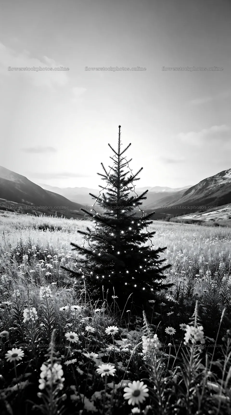 Christmas tree in a mountain valley meadow – flower stock photos 5916x10648