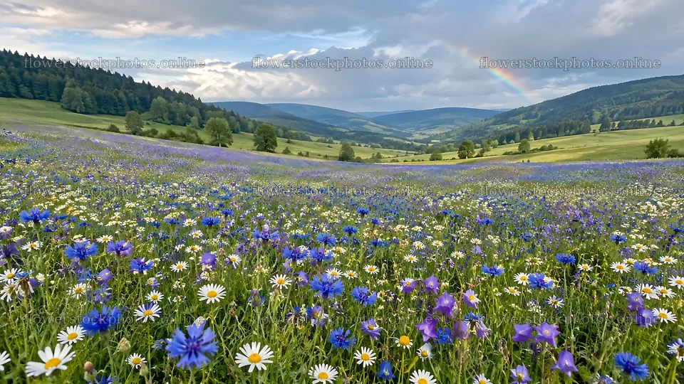 Wildflower Meadow Beneath a Cloudy Mountain Sky – flower stock photos 10324x5812