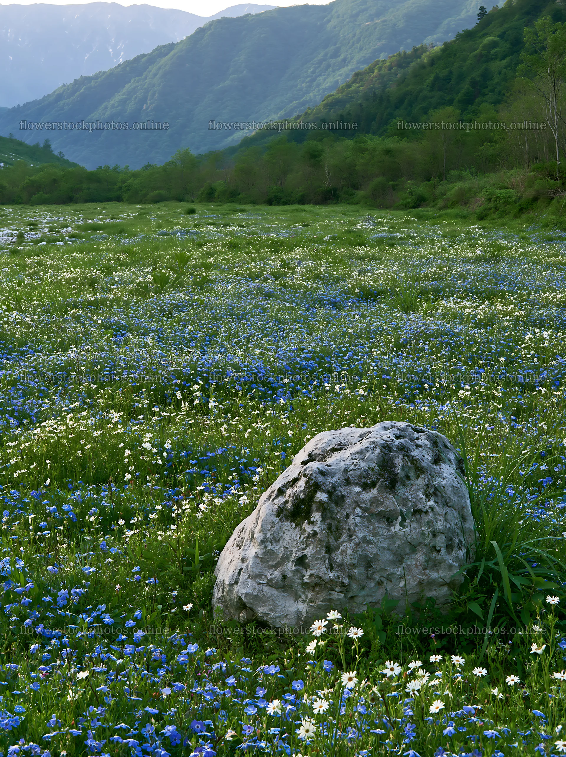 Yamaguchi limestone meadow with pale boulder and wildflowers – flower stock photos 6866x9174