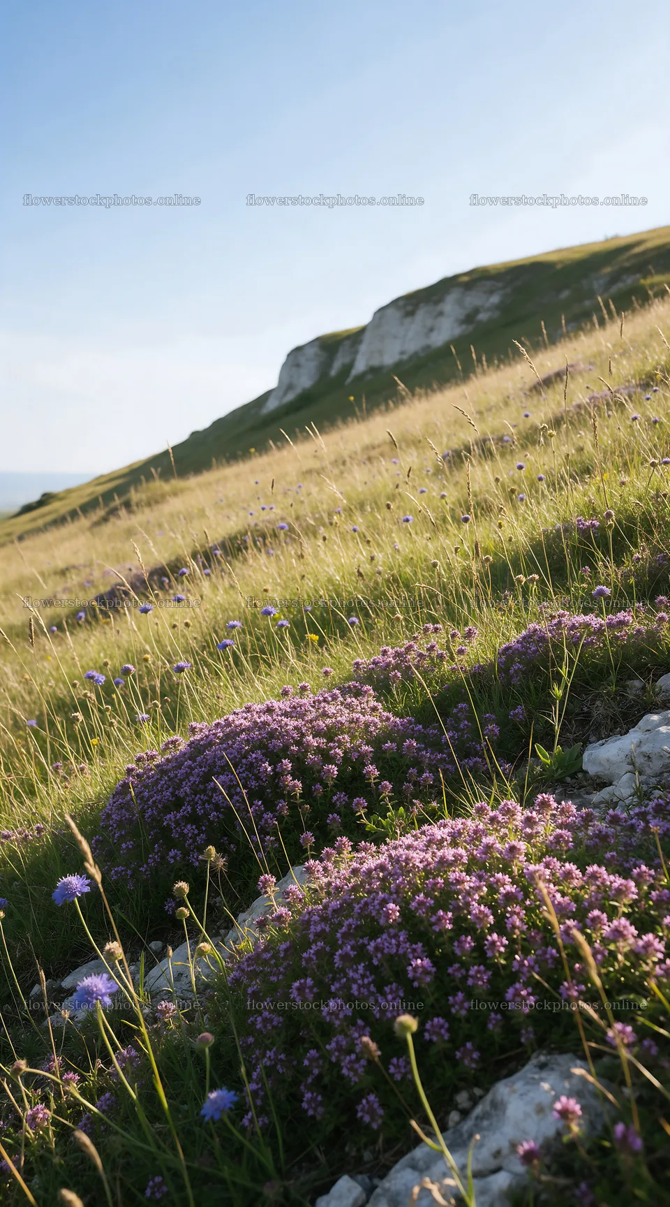 Sunny meadow with wild thyme in the hills – flower stock photos 5916x10648