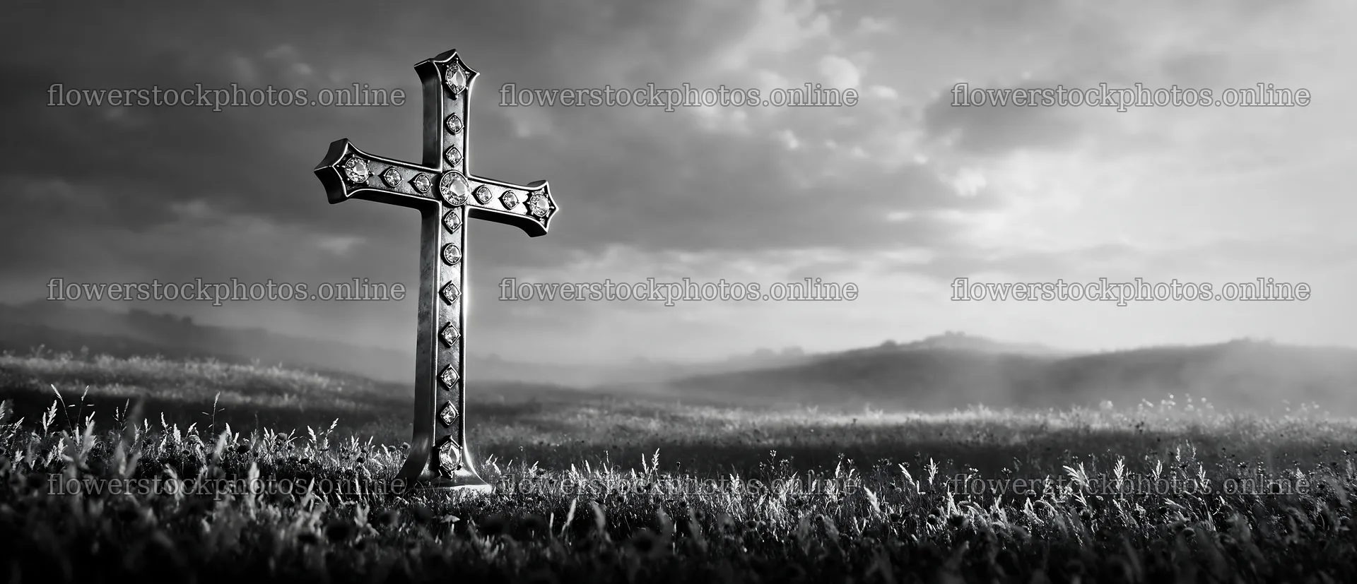 Weathered Christian cross in misty meadow at sunrise – flower stock photos 12094x5210