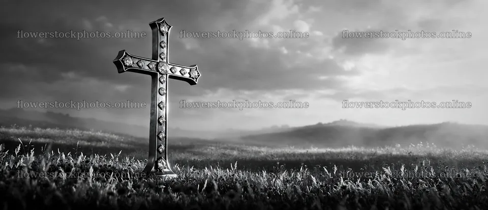 Weathered Christian cross in misty meadow at sunrise – flower stock photos 12094x5210