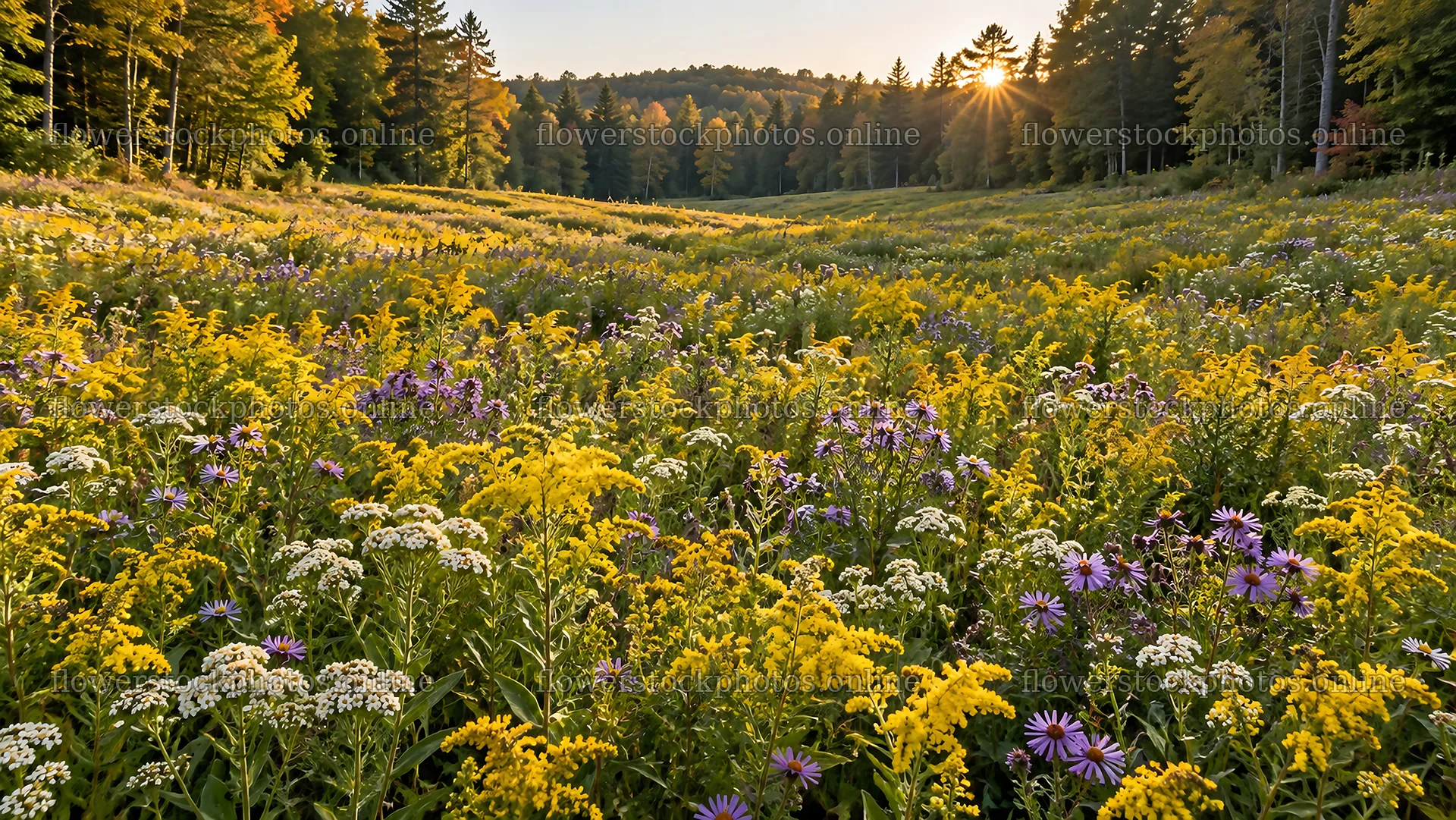 Rim-Lit Wildflower Meadow in a Forest Clearing – flower stock photos 10324x5812