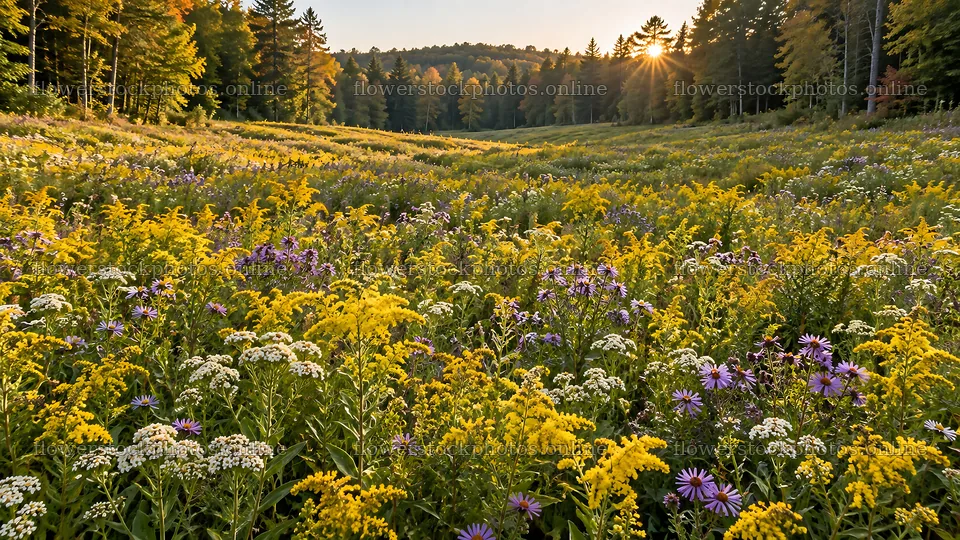 Rim-Lit Wildflower Meadow in a Forest Clearing – flower stock photos 10324x5812
