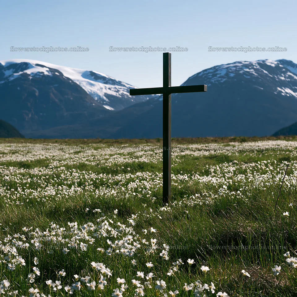 Bronze Christian cross in a meadow with mountains in the background – flower stock photos 7938x7938