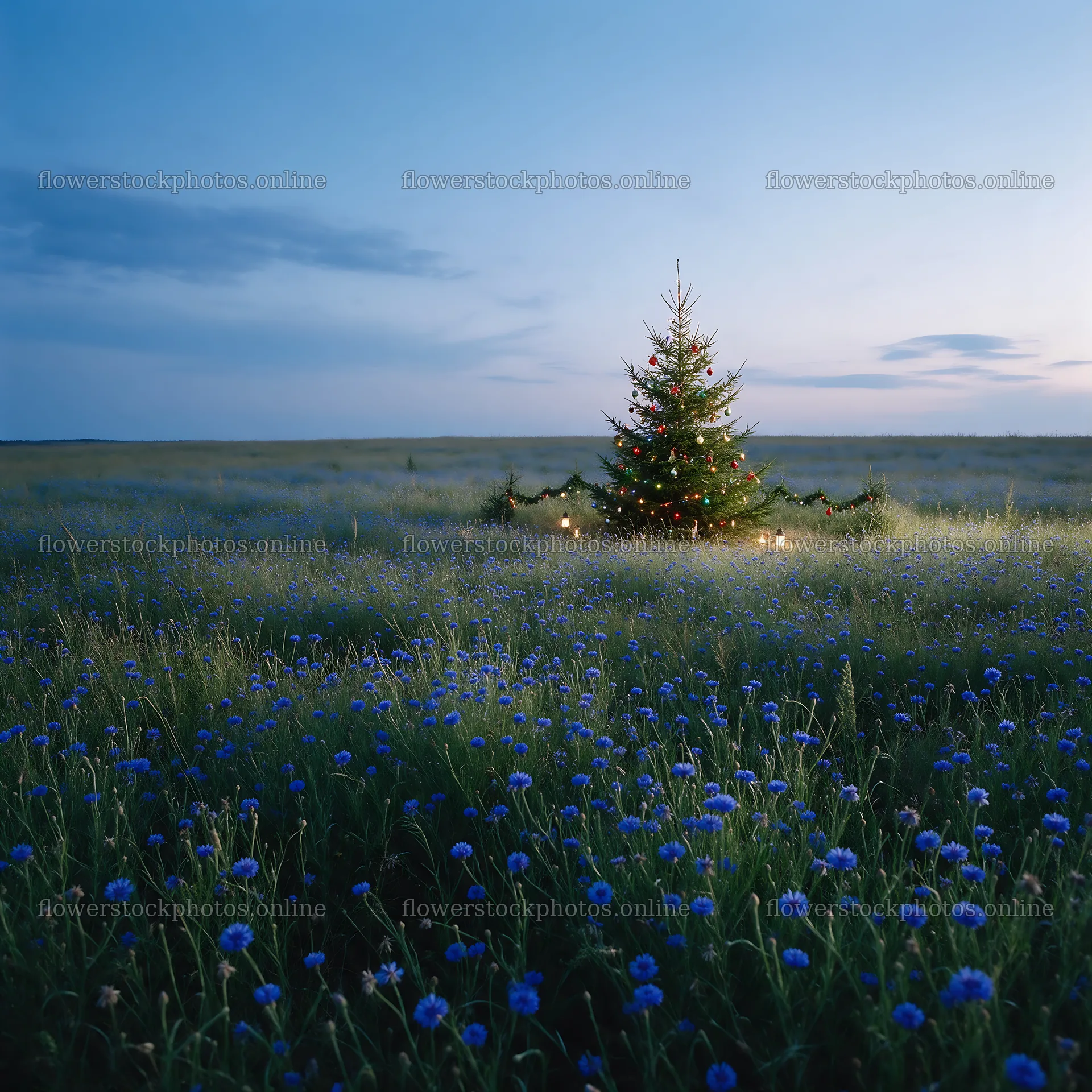Vibrant Christmas tree in meadow at dusk with blue flowers – flower stock photos 7938x7938