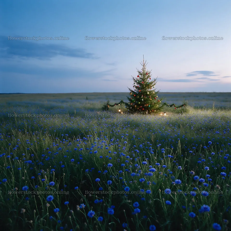 Vibrant Christmas tree in meadow at dusk with blue flowers – flower stock photos 7938x7938