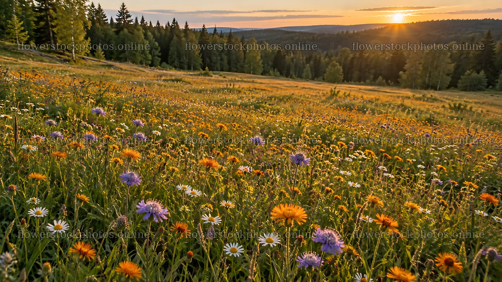 Wildflower meadow glowing at sunset – flower stock photos 10324x5812