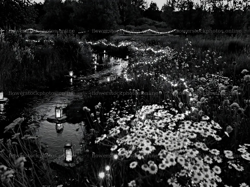 Christmas lights along stream in meadow at night – flower stock photos 9174x6866