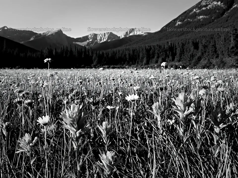 Meadow with wildflowers and snowy mountain range in Banff – flower stock photos 9174x6866