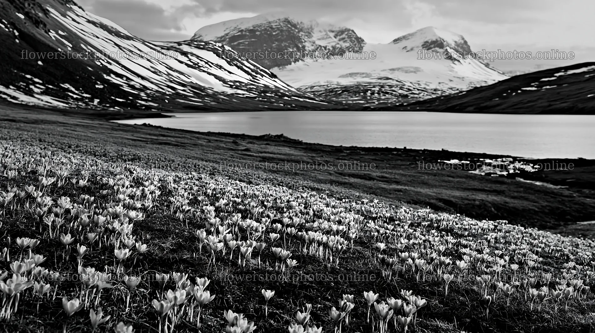 Meadow filled with crocuses near a lake and mountains – flower stock photos 10608x5938