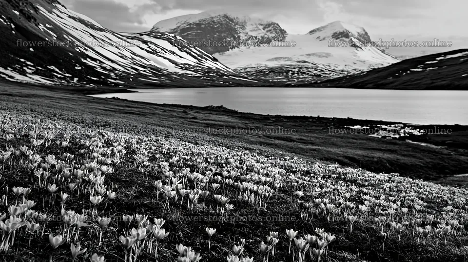 Meadow filled with crocuses near a lake and mountains – flower stock photos 10608x5938