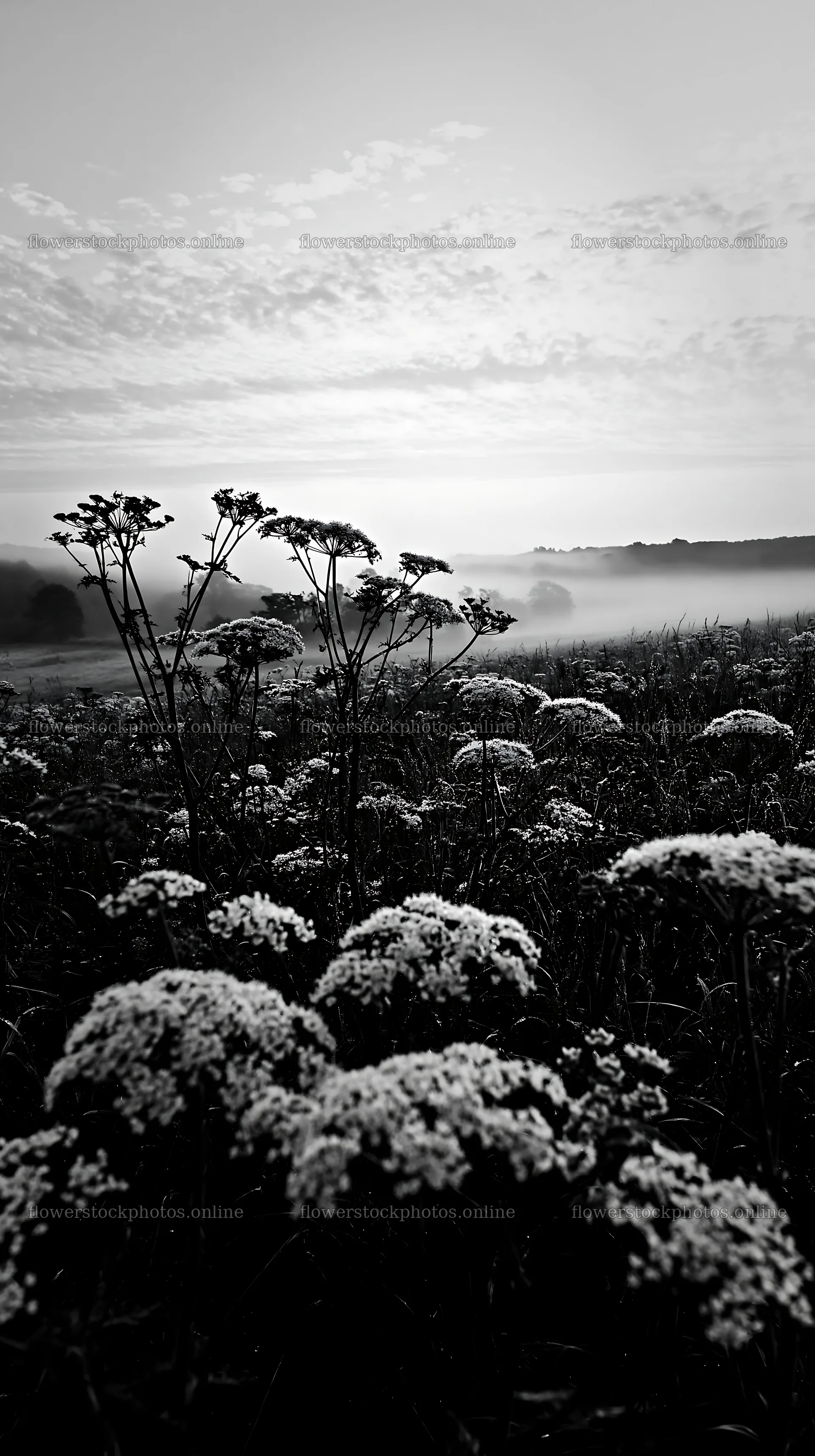 Cow parsley meadow at dawn with mist in the background – flower stock photos 5938x10608