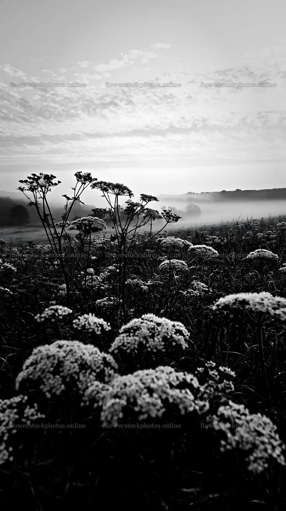Cow parsley meadow at dawn with mist in the background – flower stock photos 5938x10608