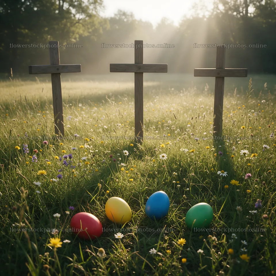 Christian crosses in meadow with sunlight and colorful eggs – flower stock photos 7938x7938