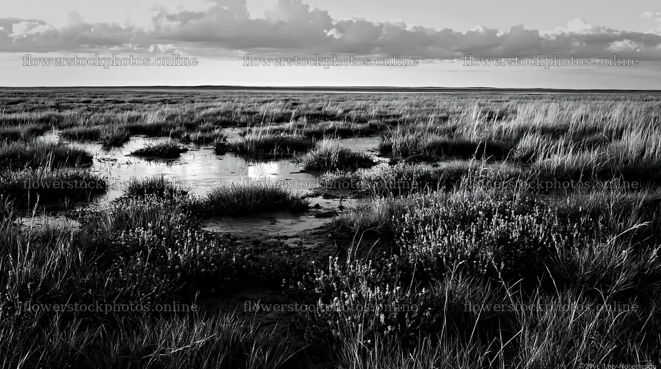 Drought-tolerant meadow with water pools under cloudy sky – flower stock photos 10608x5938