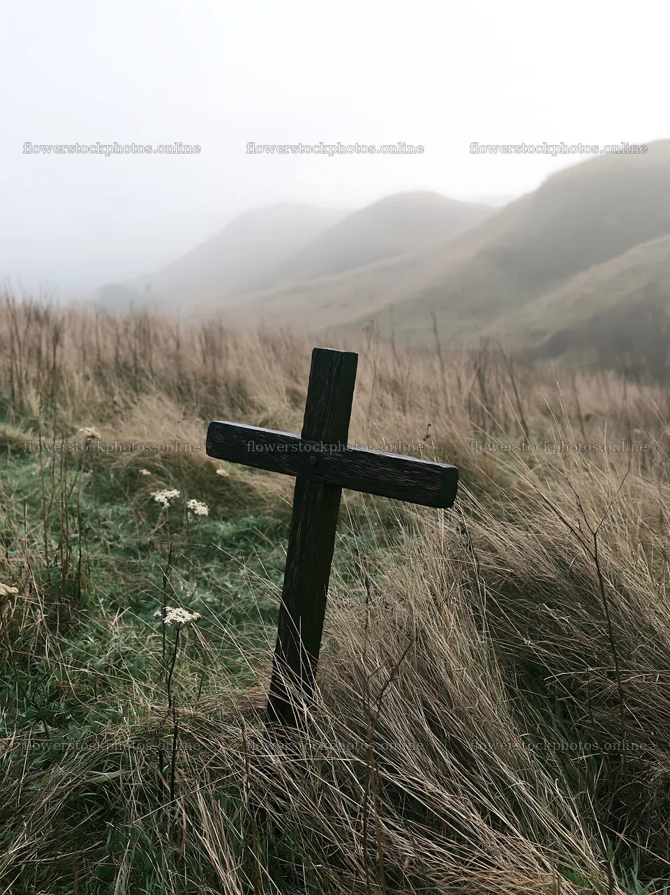 Christian cross in winter meadow grass landscape – flower stock photos 6866x9174