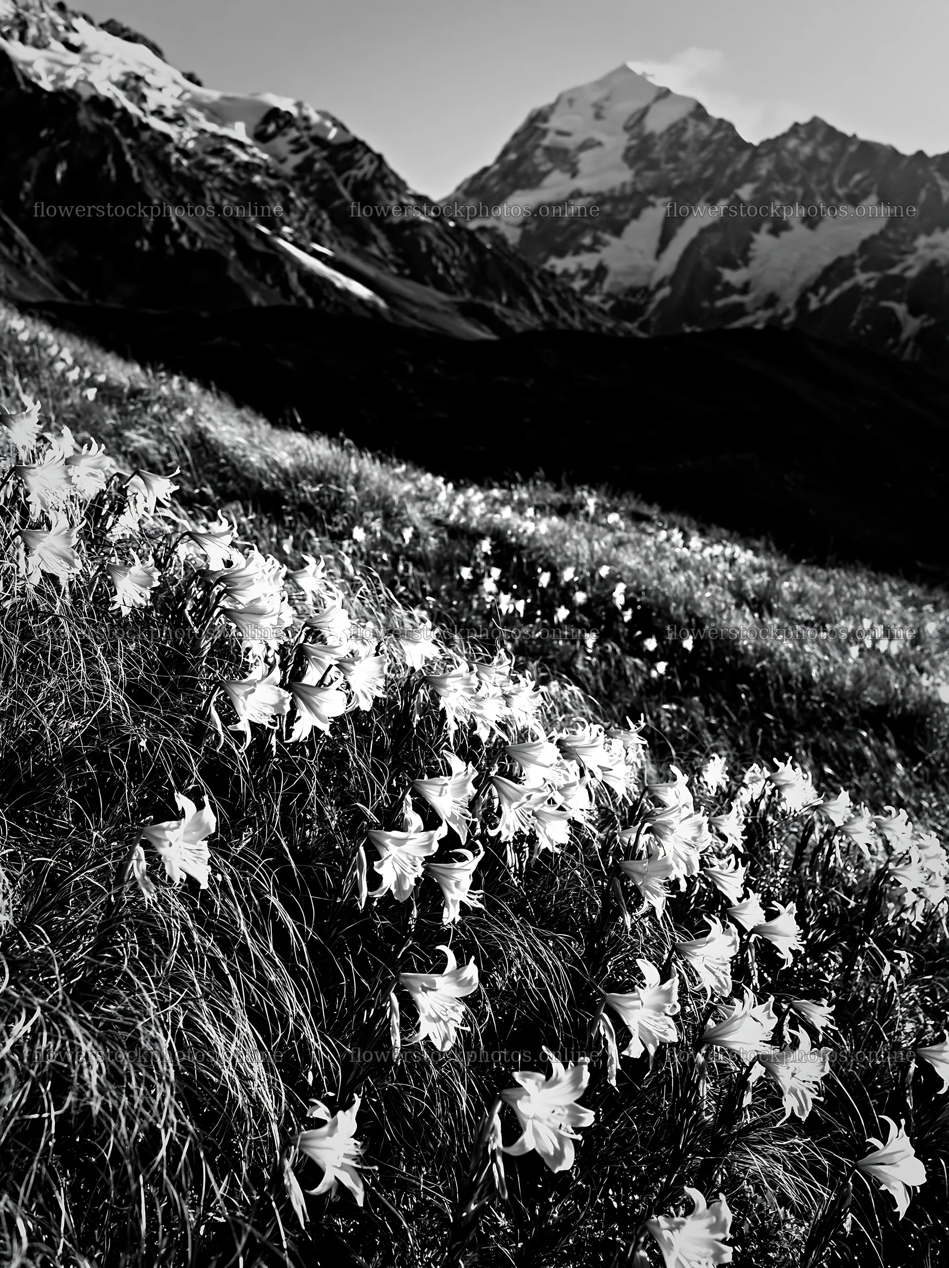 Snowline meadow with blooming flowers and mountain backdrop – flower stock photos 6866x9174
