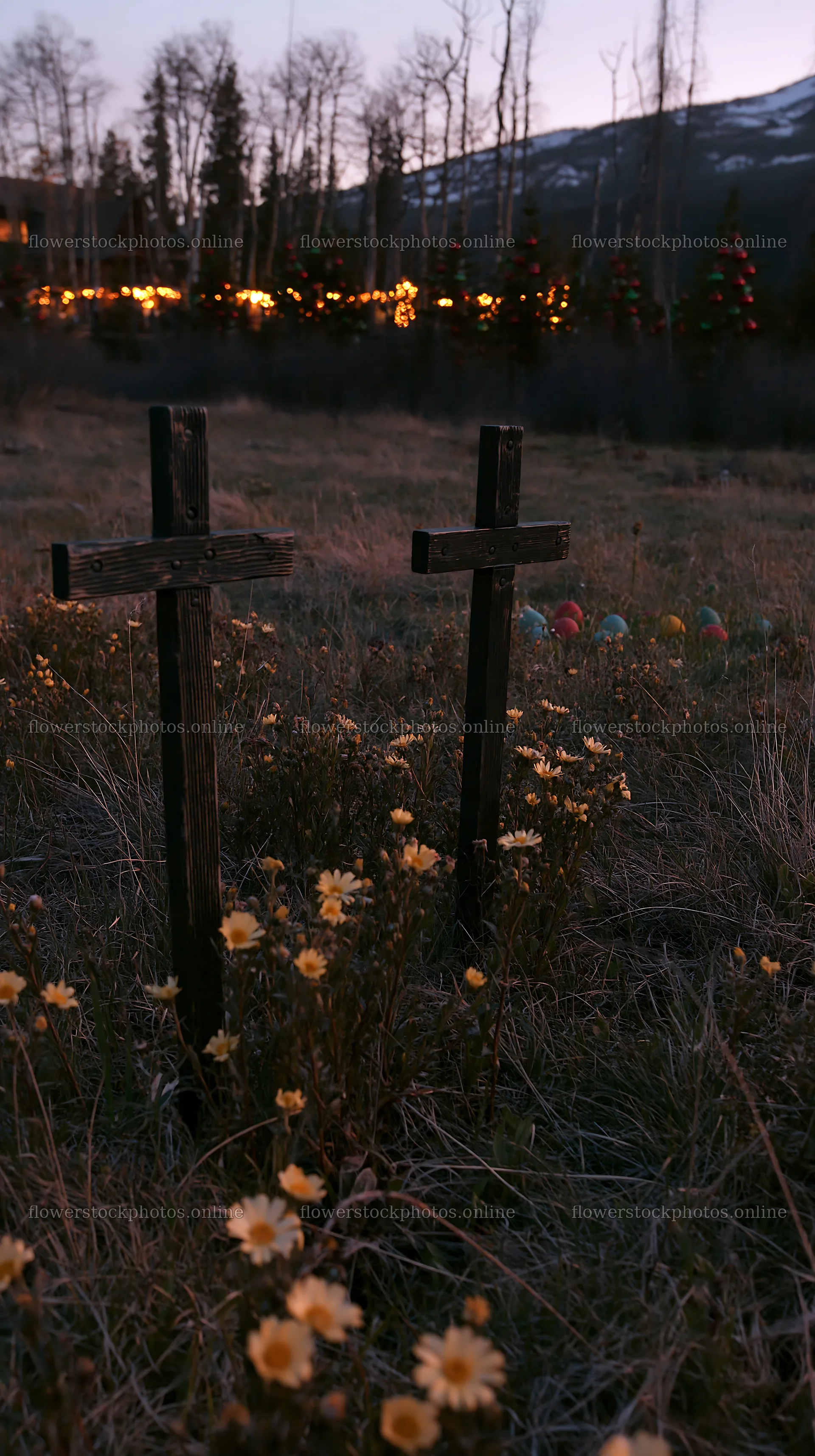 Christian crosses near thermal spring meadow at sunset – flower stock photos 5938x10608