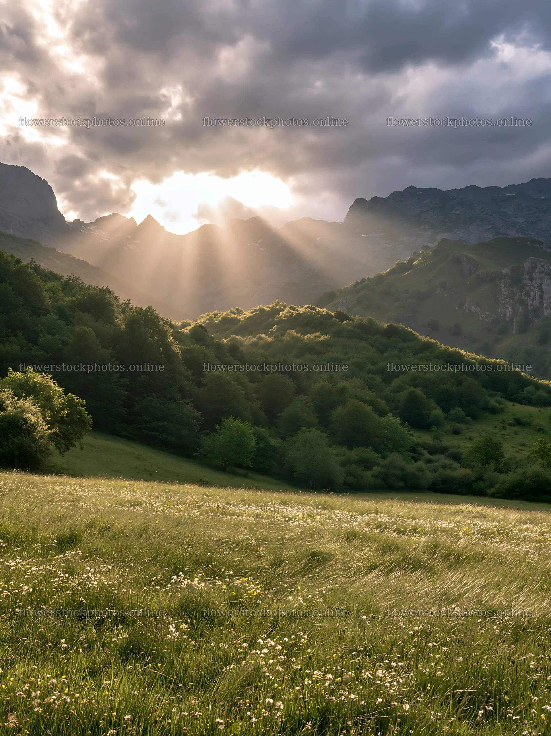 Sunrays over Picos de Europa meadow with mountains in background – flower stock photos 6866x9174