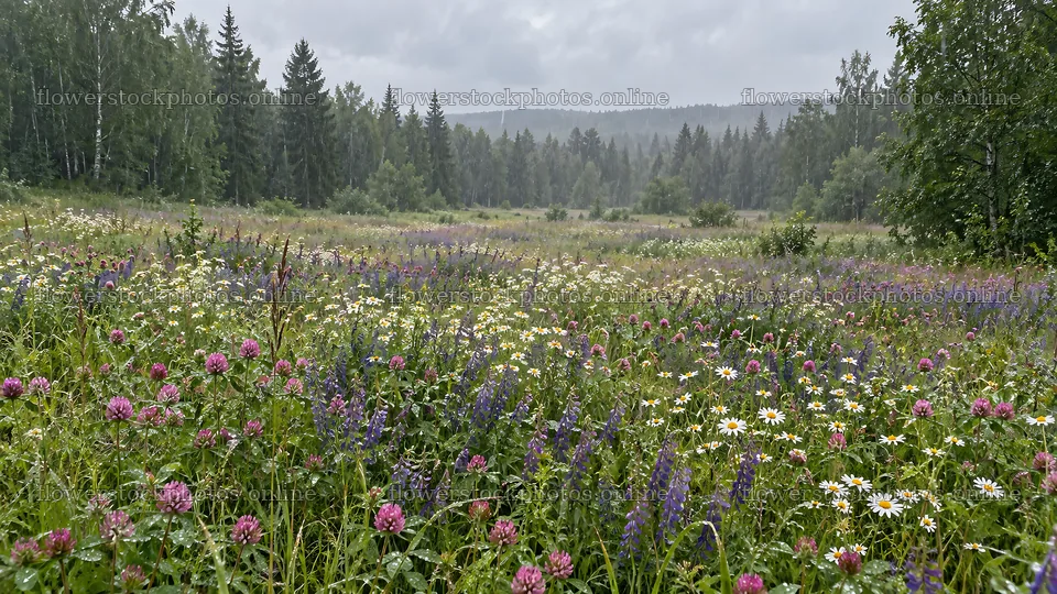 Wildflower Meadow in a Misty Forest Clearing – flower stock photos 10324x5812