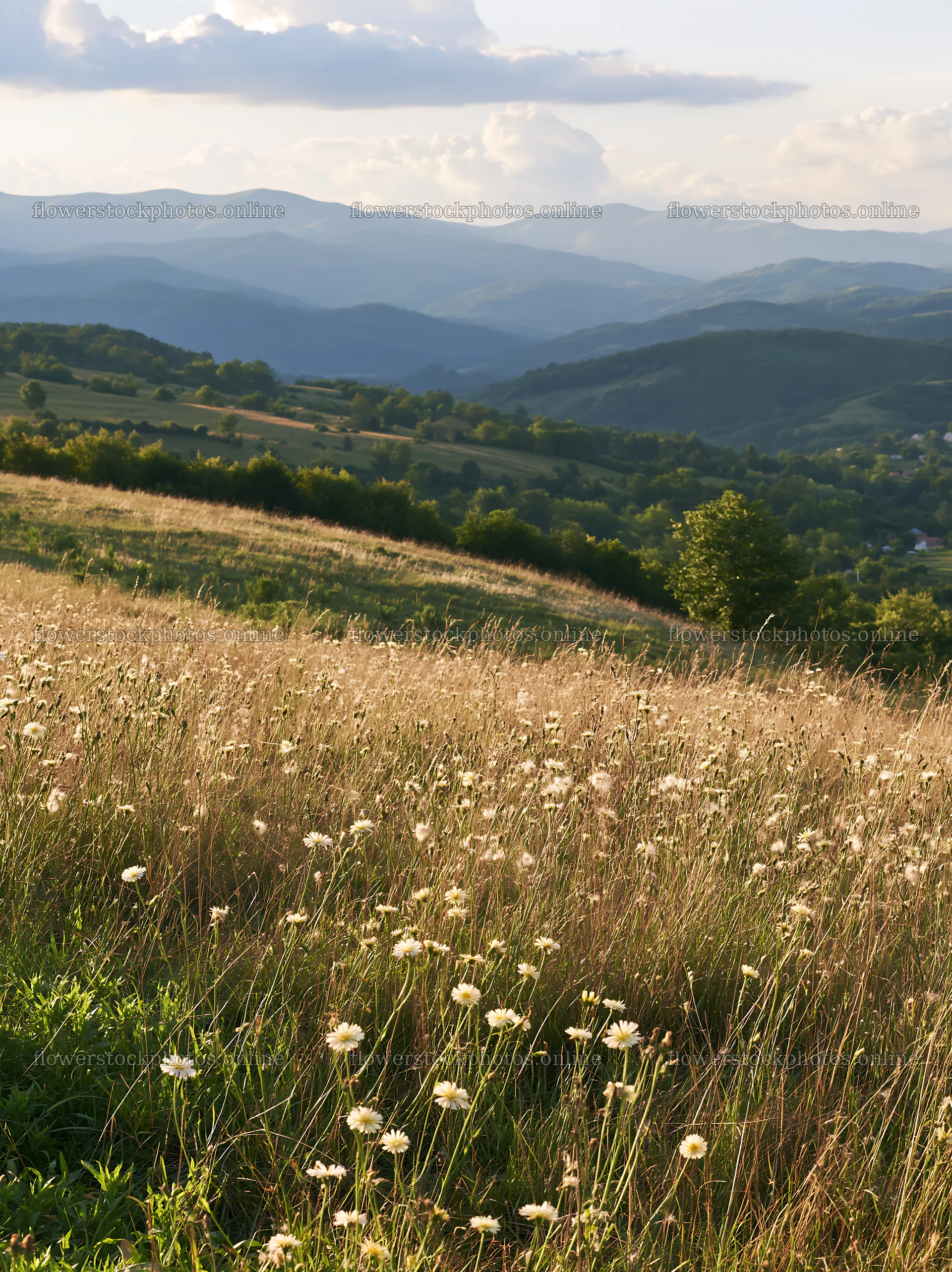 Summer hay meadows in Transylvania with distant mountains – flower stock photos 6866x9174