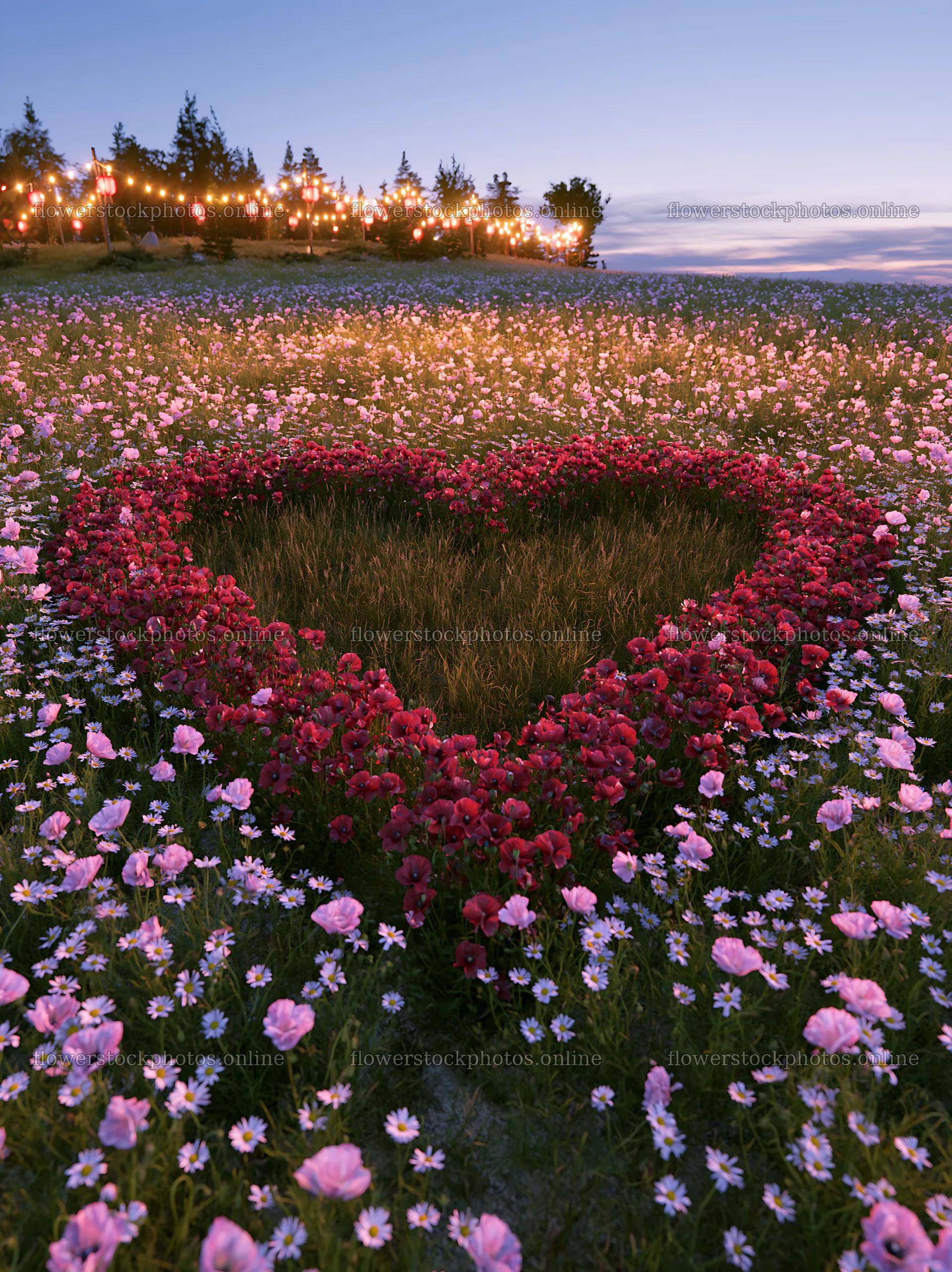 Vibrant Christmas lanterns in a meadow under twilight sky – flower stock photos 6866x9174