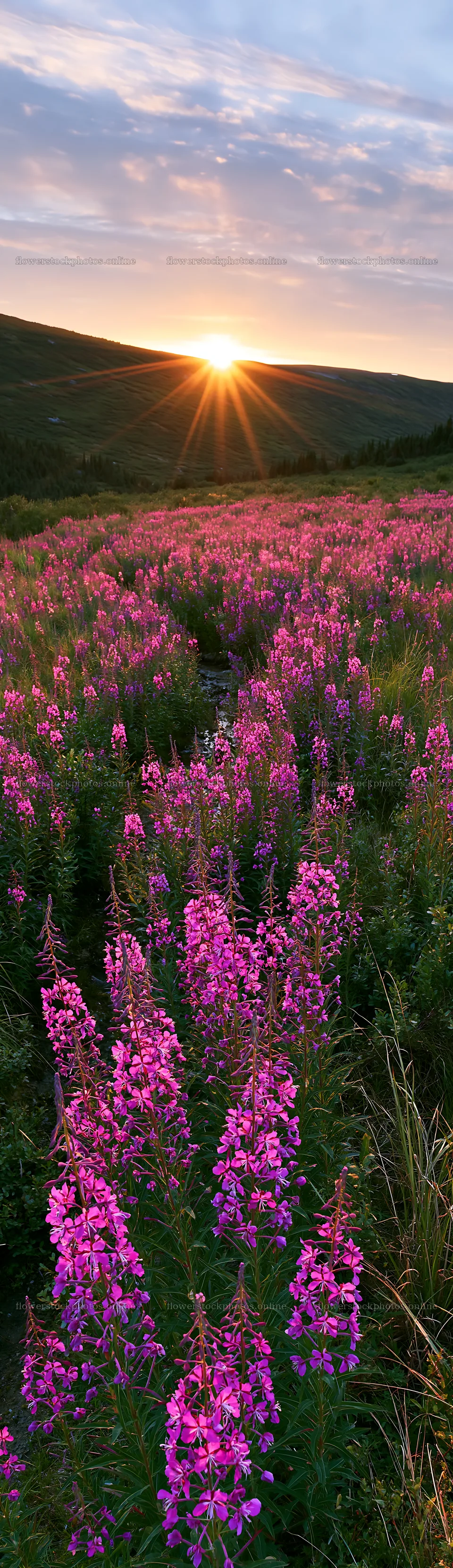 Fireweed meadow sunset with blooming flowers and golden light – flower stock photos 4268x14762