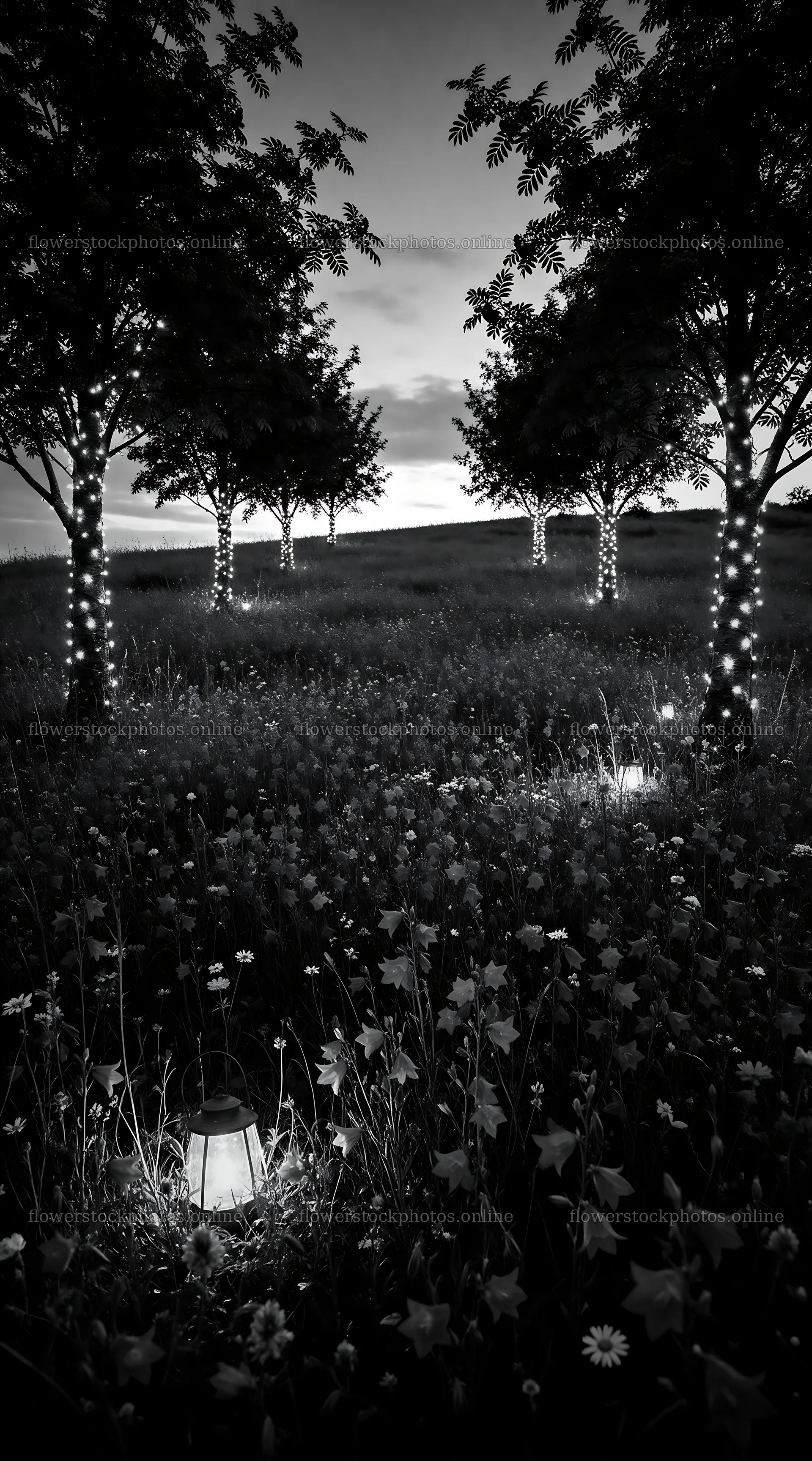 Vibrant Christmas lights at dusk in meadow with trees – flower stock photos 5916x10648